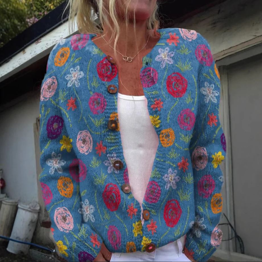 Tilda | Élégant cardigan bleu avec motif floral pour un look chic et féminin