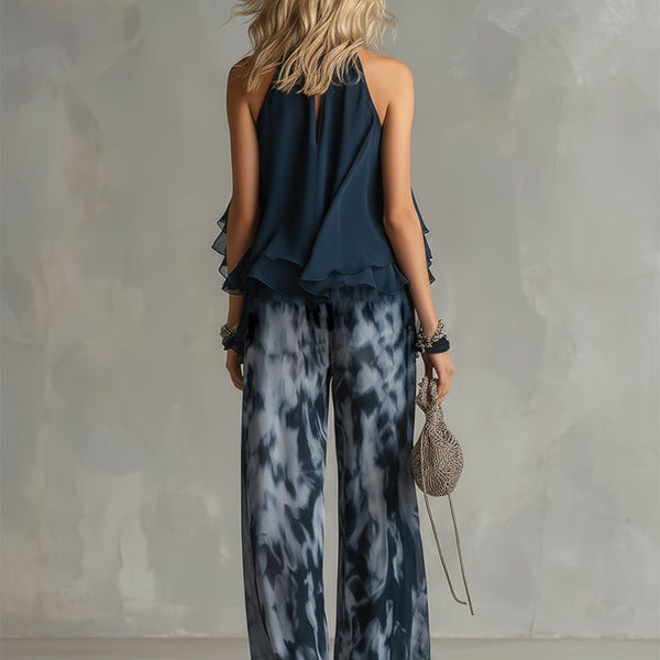 ESSENTIAL - Ludovica – Elegant chiffon set with high-neck top and wide-leg printed trousers
