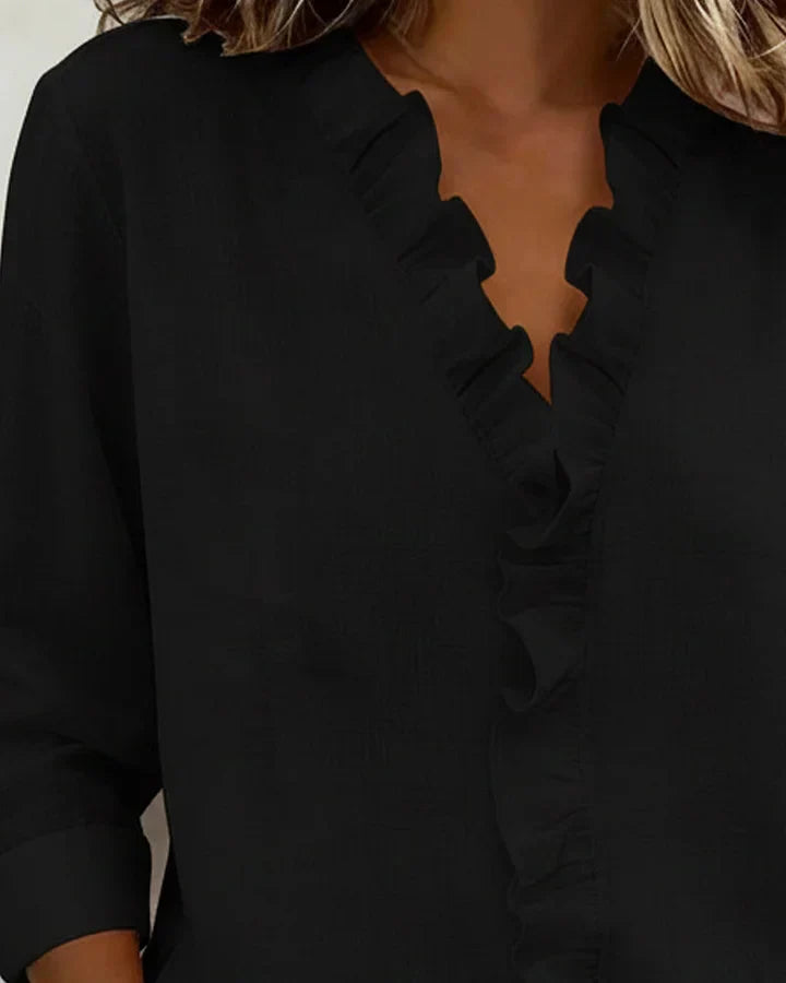 Indie | Blouse avec Volants, Col en V et Manches Longues