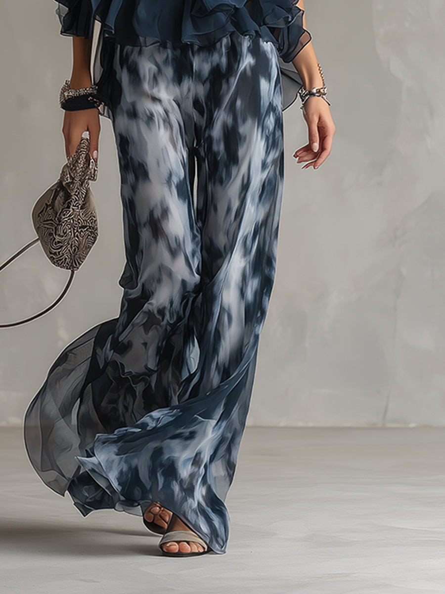 ESSENTIAL - Ludovica – Elegant chiffon set with high-neck top and wide-leg printed trousers