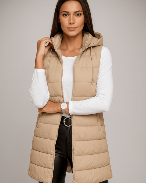 ELENA | VESTE LONGUE PUFFER SANS MANCHES AVEC CAPUCHE