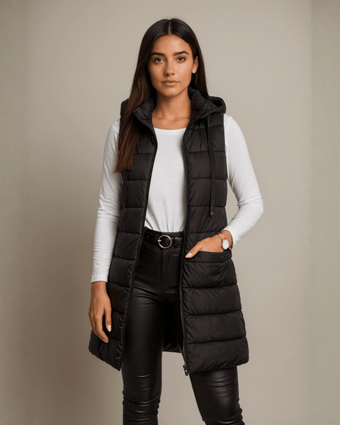ELENA | VESTE LONGUE PUFFER SANS MANCHES AVEC CAPUCHE