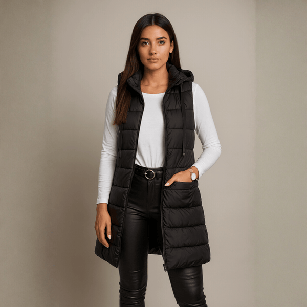 ELENA | VESTE LONGUE PUFFER SANS MANCHES À CAPUCHE CASUAL