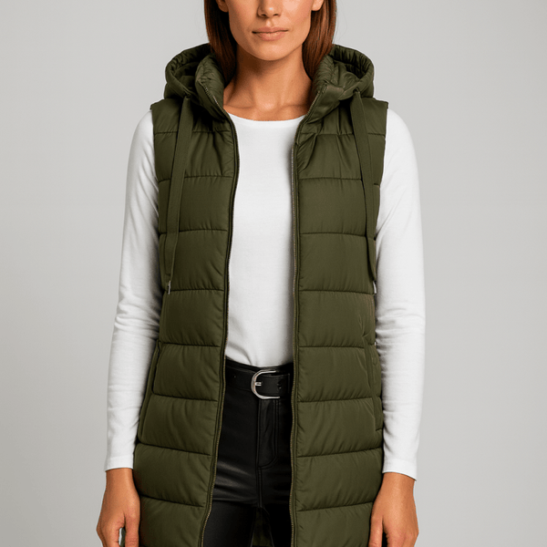 ELENA | VESTE LONGUE PUFFER SANS MANCHES AVEC CAPUCHE
