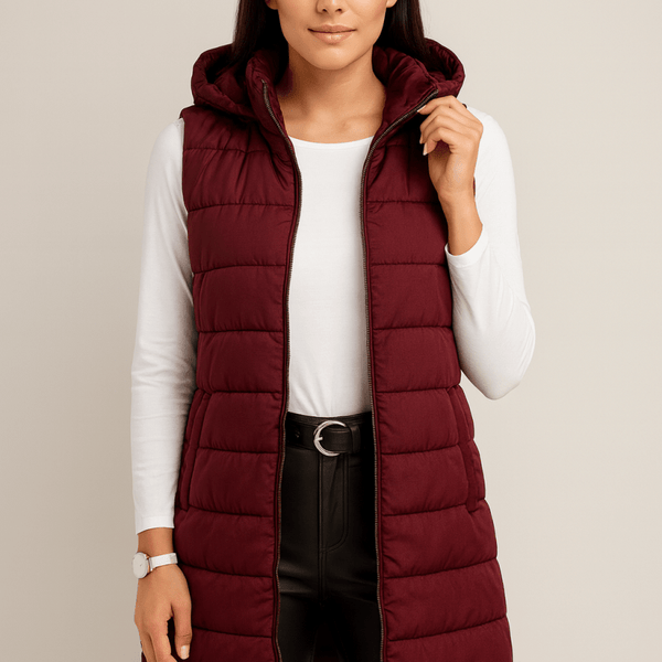 ELENA | VESTE LONGUE PUFFER SANS MANCHES AVEC CAPUCHE