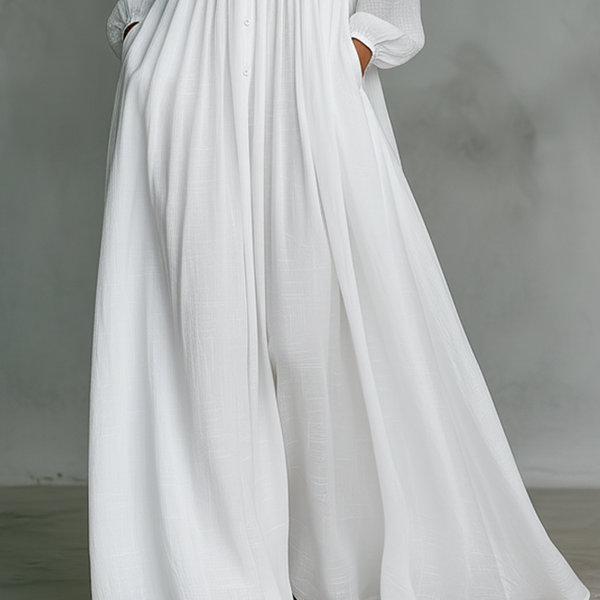 ESSENTIAL - Maxi Minimalist Dress in Cotton & Linen with Patchwork, High Collar and Long Sleeves