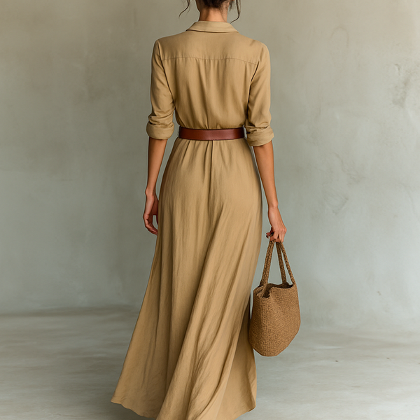 ESSENTIAL - Maxi Long Dress with Lapel Collar and Long Sleeves for Women