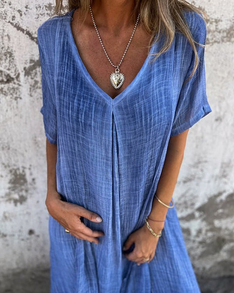 Serenne | Cotton-Linen FlowVee Midi Dress – Refined Elegance, Everyday Ease
