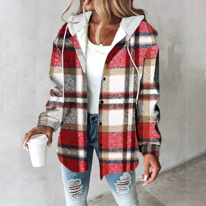 PAIGE™ - Veste à Capuche à Carreaux Chic à Manches Longues avec Boutons