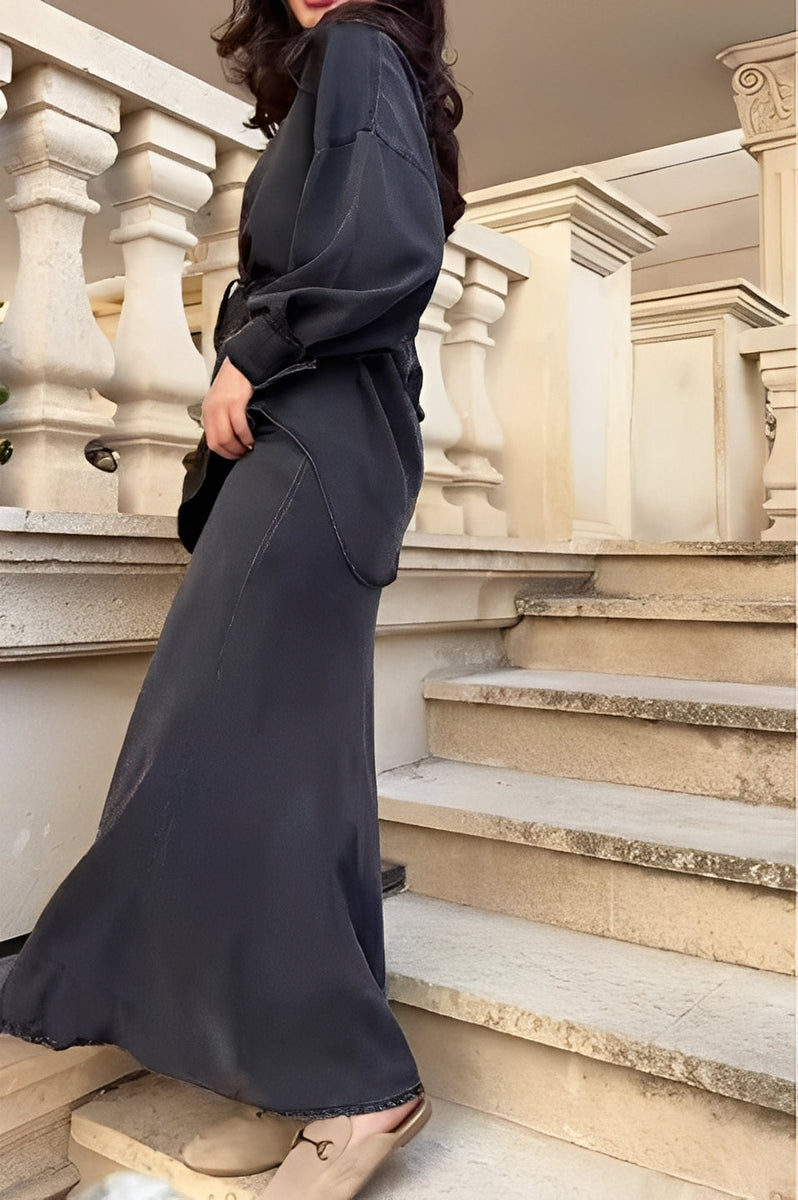 Evelore | Long-Sleeved Tie-Drawstring Shirt & Skirt Set - Effortless Style, Everyday Confidence