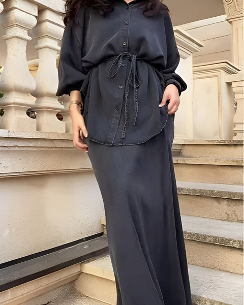 Evelore | Long-Sleeved Tie-Drawstring Shirt & Skirt Set - Effortless Style, Everyday Confidence