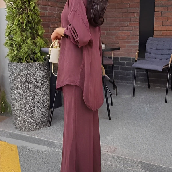 Evelore | Long-Sleeved Tie-Drawstring Shirt & Skirt Set - Effortless Style, Everyday Confidence